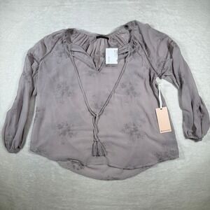 BLACK TAPE Embroidered Crochet Insert Top Mauve Long Sleeve Boho V Neck Tassel